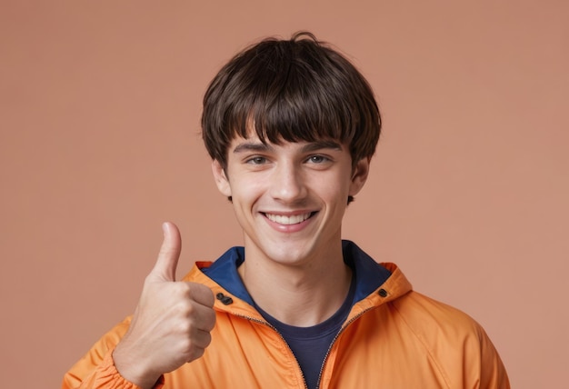 Um homem jovem de casaco laranja dá um polegar para cima seu sorriso brincalhão é capturado contra um pêssego