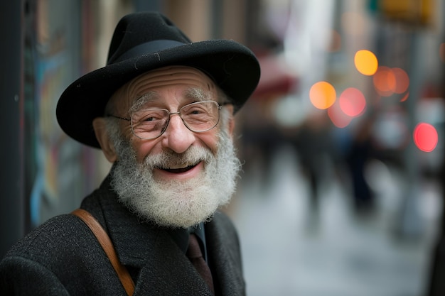 Um homem judeu ortodoxo idoso irradia um sorriso caloroso enquanto está em uma rua da cidade