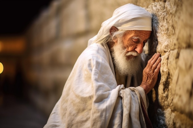 Um homem judeu reza no Muro das Lamentações em Jerusalém