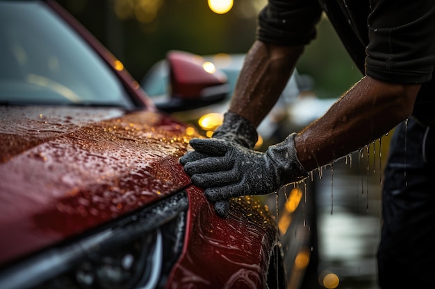 Um homem lavando seu carro com foco nas mãos e na esponja com sabão Generative AI