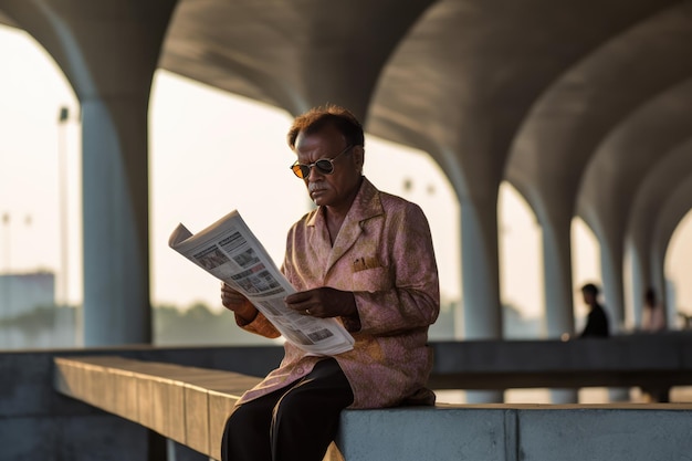 Um homem lendo um jornal em um banco