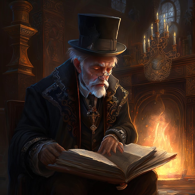 um homem lendo um livro com um chapéu preto