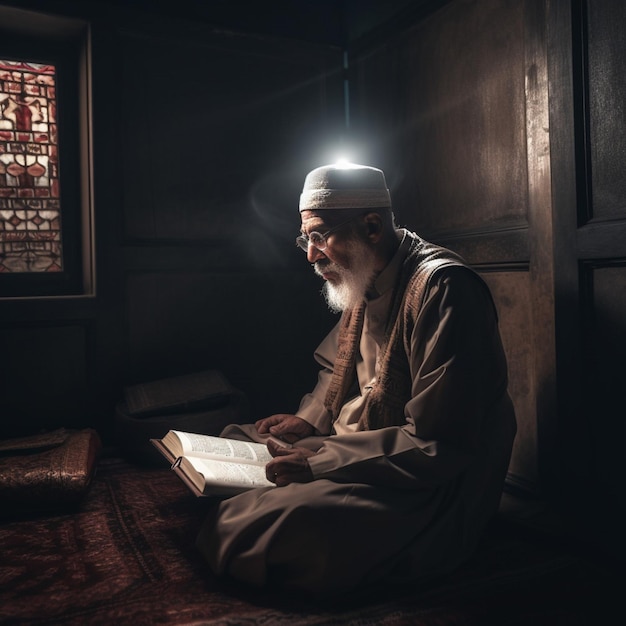 Um homem lendo um livro com uma luz acesa