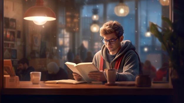 Um homem lendo um livro em um café.