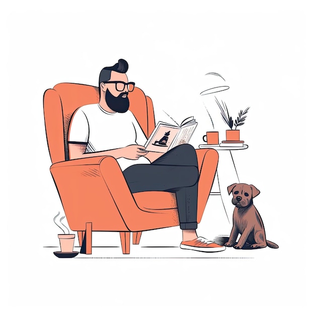 Um homem lendo um livro em uma poltrona com um cachorro ao lado.