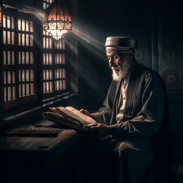 Um homem lendo um livro perto de uma janela com a luz brilhando através dela.