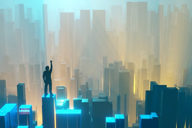 Um homem, levantando a mão, fica no topo e olha para uma cidade fantástica à luz de neon. Renderização em 3D.