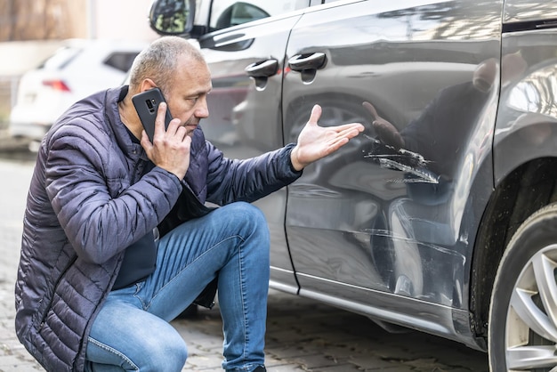 Um homem liga para a seguradora por causa da porta danificada de seu carro porque o culpado do acidente fugiu do estacionamento