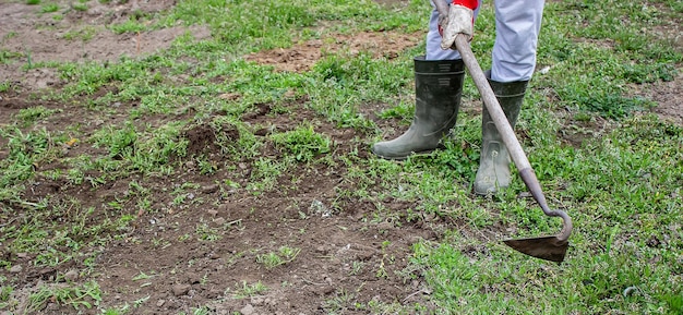 Um homem limpa ervas daninhas no jardim Limpeza de primavera no foco seletivo da fazenda