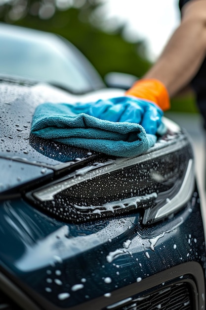 Foto um homem limpa um carro com um close-up de trapo