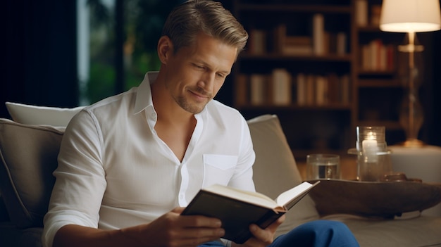 Um homem loiro de meia-idade está lendo e sorri gentilmente