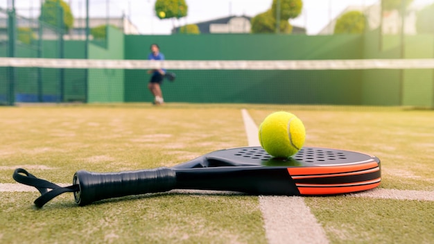 Um homem maduro caucasiano jogando atrás da rede com raquete de padel e bola amarela