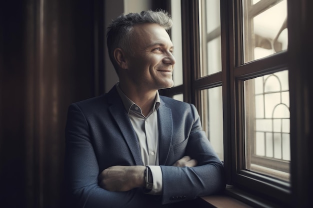 Um homem maduro sorridente com os braços cruzados em um terno perto de uma janela em um escritório Generative AI AIG21
