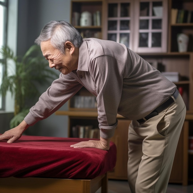 um homem mais velho apoiado em uma mesa com um pano vermelho sobre ela