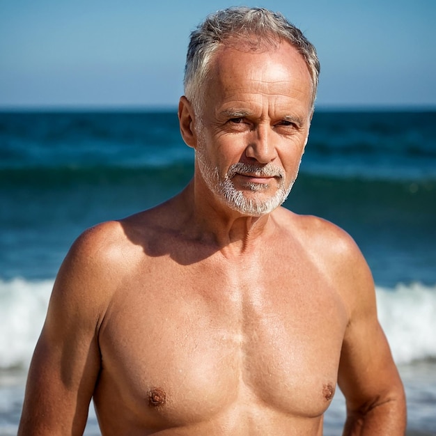 Um homem mais velho, bonito e respeitável, posando de fato de banho.