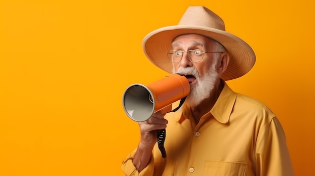 Um homem mais velho com um chapéu e um megafone