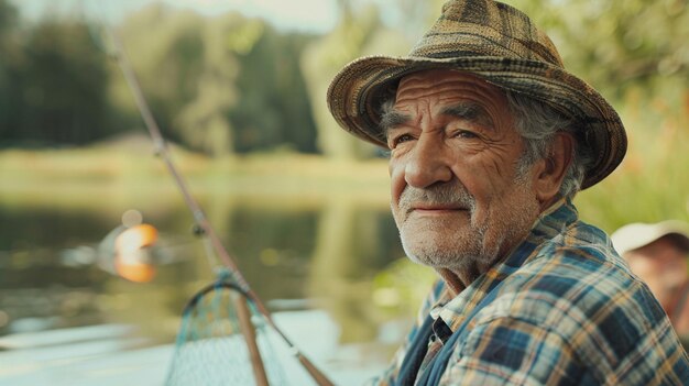 um homem mais velho com um chapéu e uma vara de pesca em um barco