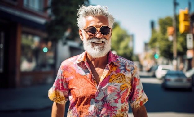 um homem mais velho com uma camisa floral de pé na rua