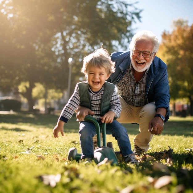 Foto um homem mais velho e um menino brincando na grama