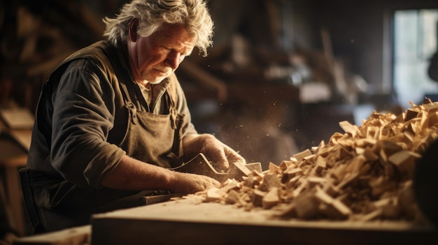 Um homem mais velho está trabalhando em madeira em uma marcenaria ai
