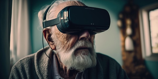 Um homem mais velho usando um headset de realidade virtual.