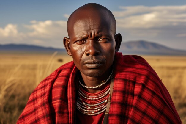 Um homem masai atencioso de shuka vermelho nas planícies africanas