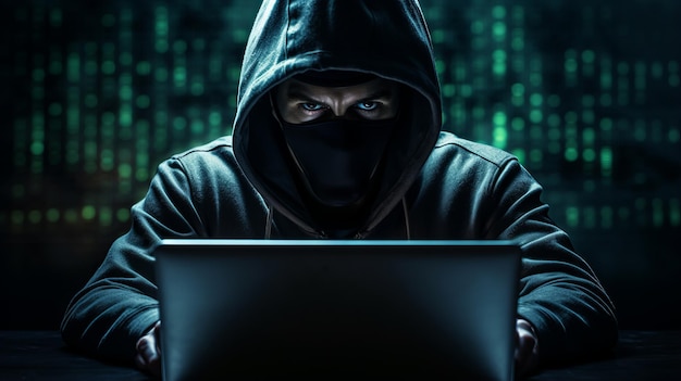 Um homem mascarado com capuz está usando um laptop em uma sala escura