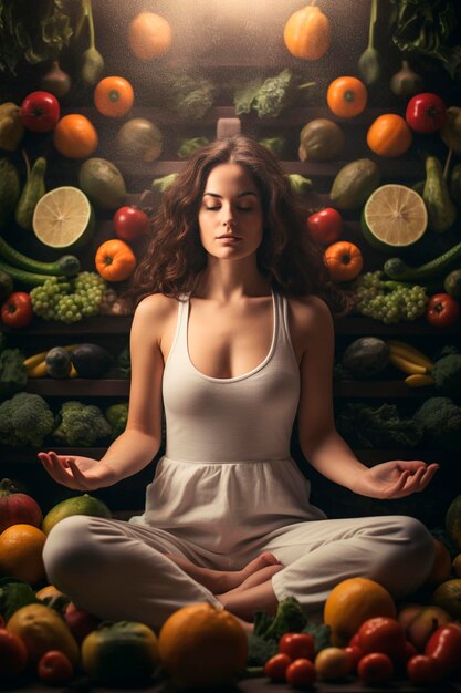 Foto um homem medita com vegetais e frutas alimentação de ia generativa