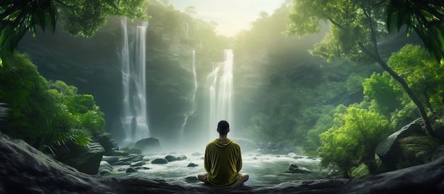 Foto um homem meditando com vista panorâmica da natureza de fundo