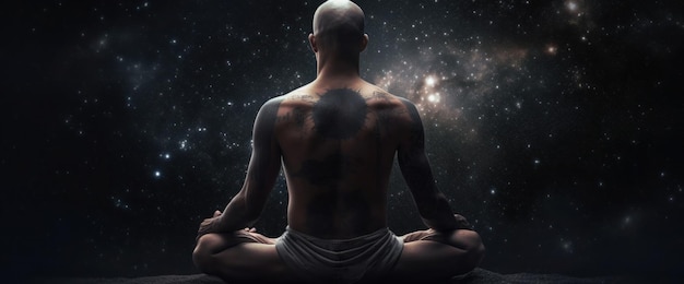 Um homem meditando em frente a um céu estrelado