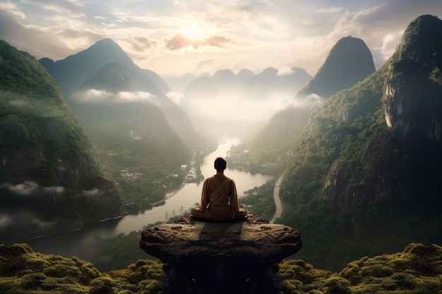 Um homem meditando em frente a uma paisagem de montanha