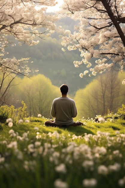 um homem meditando em um parque com uma vista das montanhas