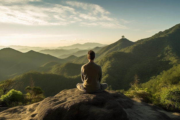 Um homem meditando em uma montanha com vista para um vale.