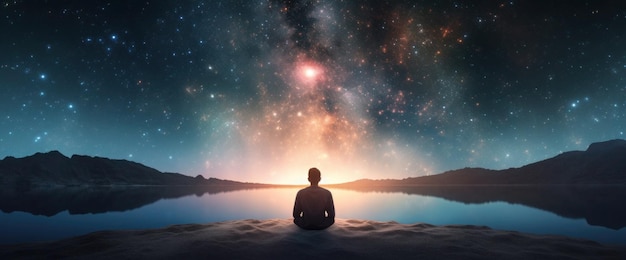 Um homem meditando em uma praia com o universo ao fundo.