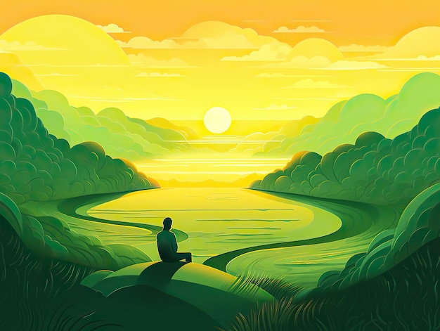 Um homem meditando na ioga na frente da vista para a montanha na ilustração da arte digital da paisagem do nascer do sol