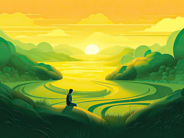 Um homem meditando na ioga na frente da vista para a montanha na ilustração da arte digital da paisagem do nascer do sol