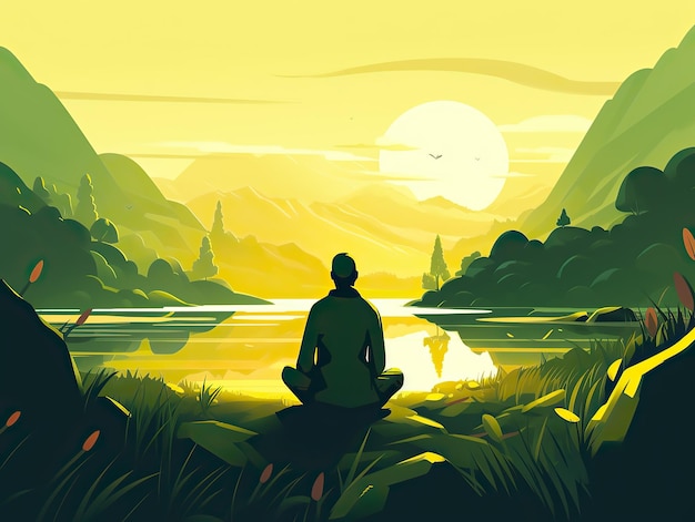 Um homem meditando na ioga na frente da vista para a montanha na ilustração da arte digital da paisagem do nascer do sol