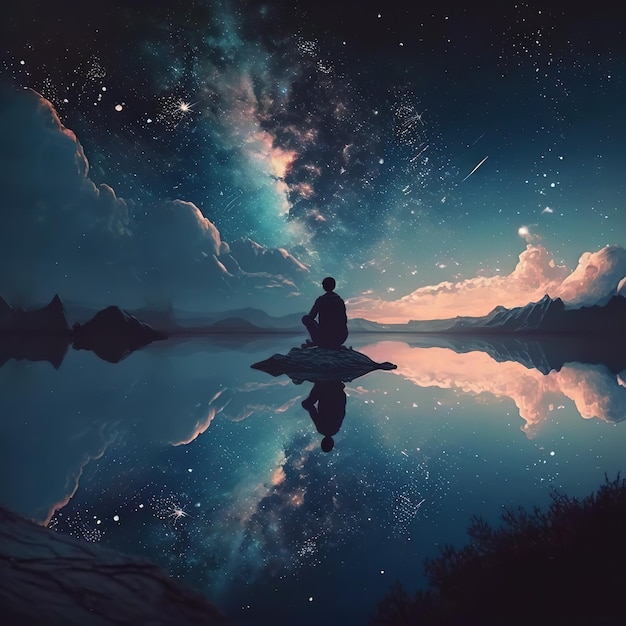 Um homem meditando sobre uma rocha com a Via Láctea ao fundo.
