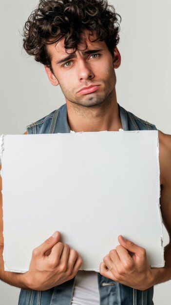 Um homem melancólico segurando um quadro branco em branco