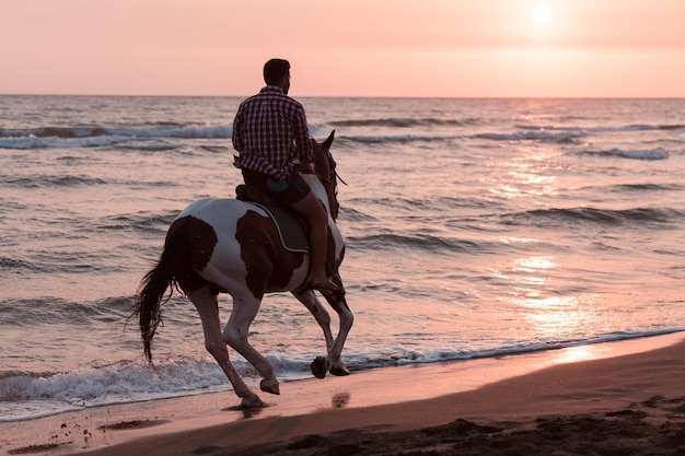 Um homem moderno em roupas de verão gosta de andar a cavalo em uma bela praia ao pôr do sol. Foco seletivo. foto de alta qualidade