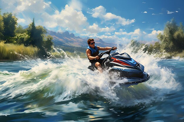 Um homem monta um jet ski nas ondas ilustração