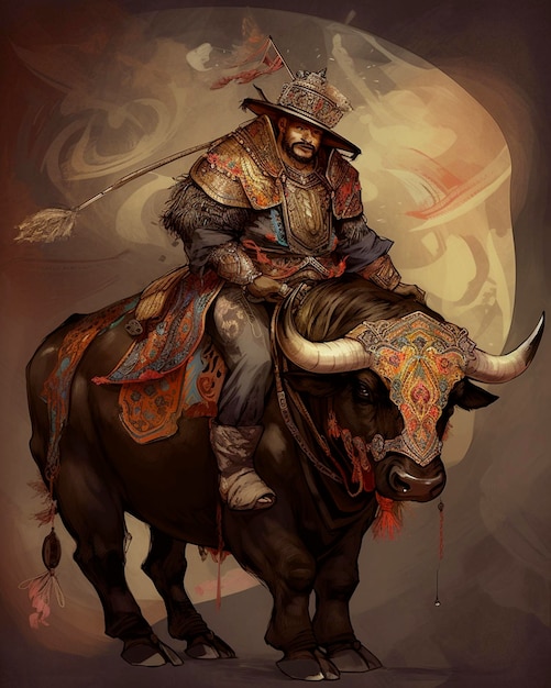 Um homem montado em um touro com um arco na cabeça.