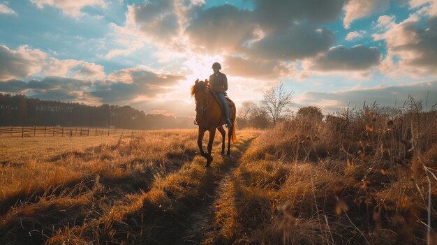 Foto um homem montando um cavalo em um campo ao pôr do sol