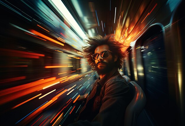 Foto um homem montando um trem com um fundo colorido