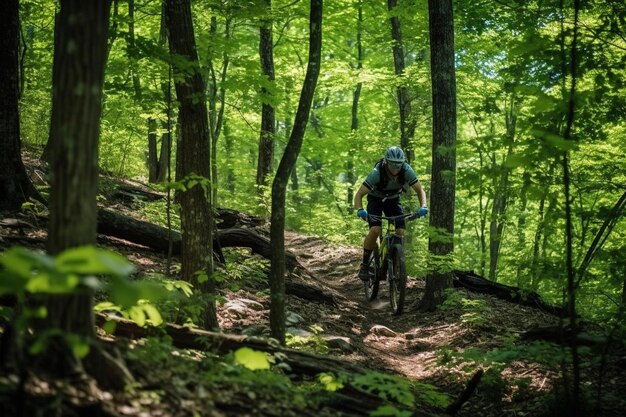 um homem montando uma bicicleta de montanha através da floresta