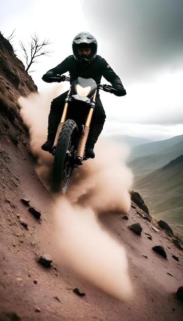 Foto um homem montando uma motocicleta em uma montanha cheia de nuvens