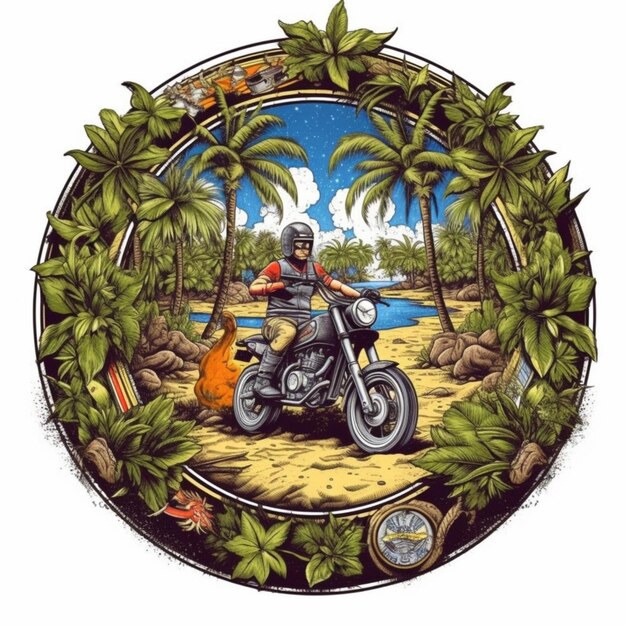 um homem montando uma motocicleta em uma praia com palmeiras generativas ai