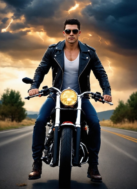 um homem montando uma motocicleta na estrada com um fundo de céu