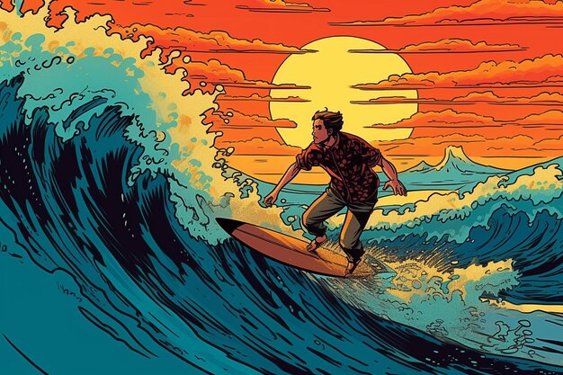 Um homem montando uma onda em uma prancha de surf na frente de um pôr-do-sol.