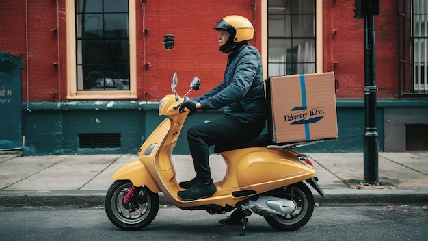 Foto um homem montando uma scooter amarela com uma caixa na parte de trás